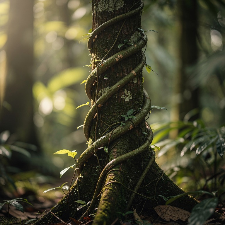 A tranquil ayahuasca vine wrapped around a tree trunk, illum... | ShopAyahuascaRetreats