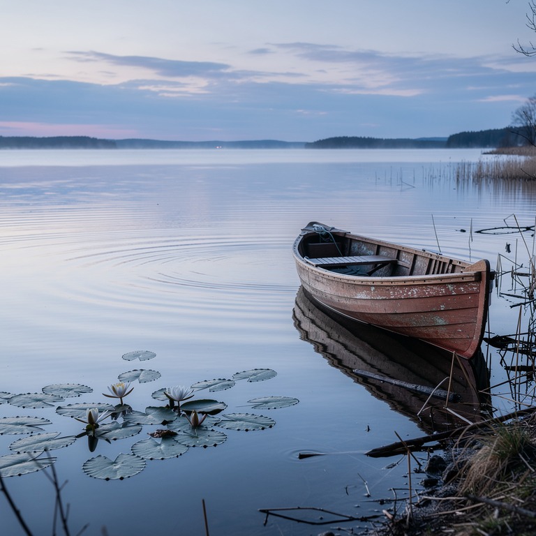 A tranquil lake at dusk, with a few water lilies and a woode... | ShopAyahuascaRetreats