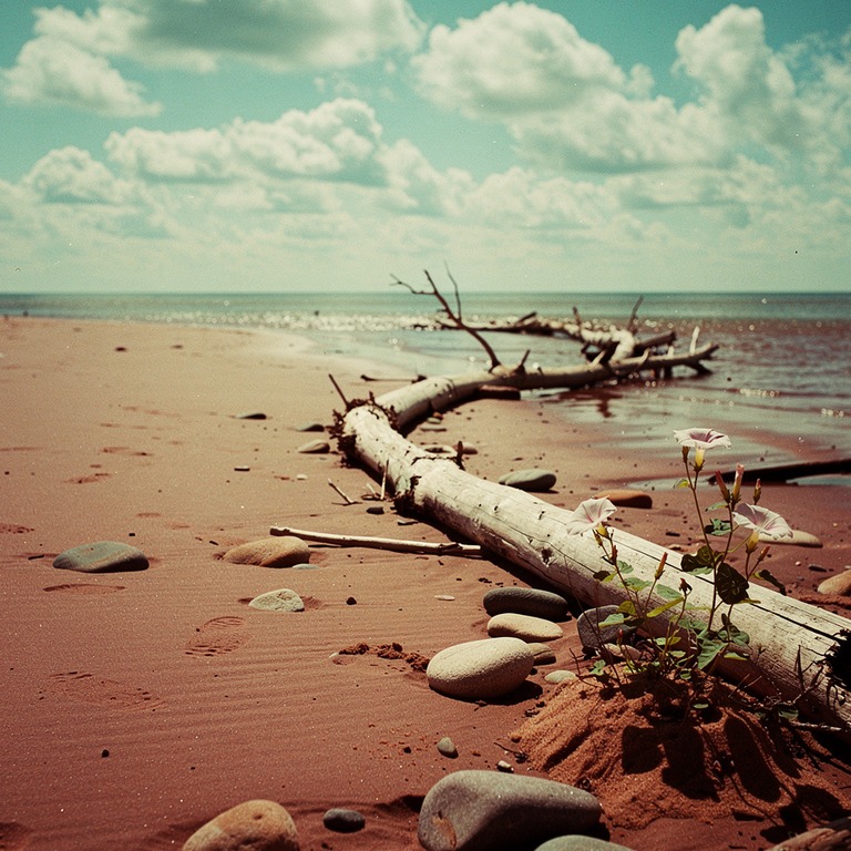 A tranquil, sandy shoreline at low tide, with a scattering o... | ShopAyahuascaRetreats