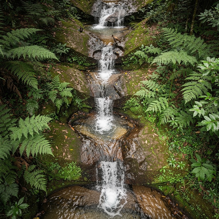 Cascade tumbling through fern-covered rocks in a tropical va... | ShopAyahuascaRetreats