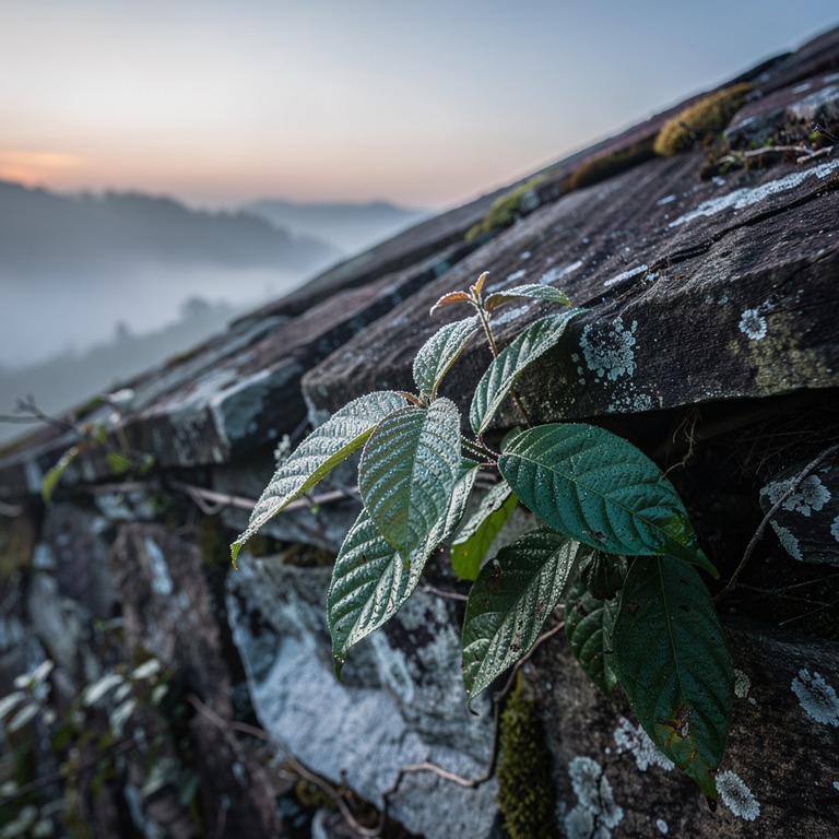 Delicate, dew-kissed coca leaves cling to a weathered stone ... | ShopAyahuascaRetreats
