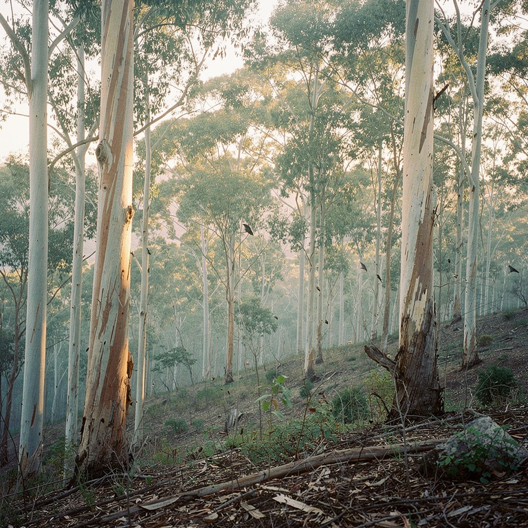 Eucalyptus grove at sunrise, peeling bark and silver leaves | ShopAyahuascaRetreats