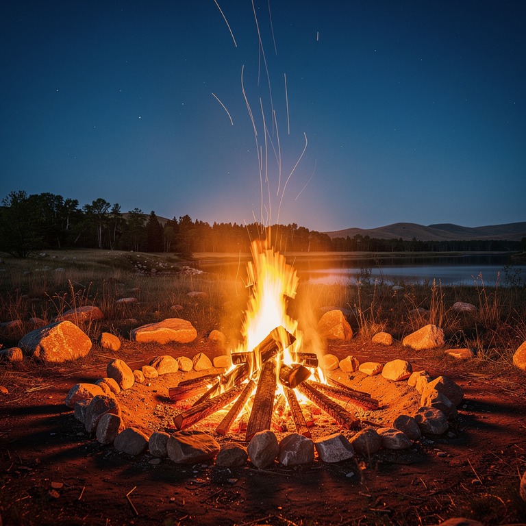 Large bonfire burning at night, orange embers rising into da... | ShopAyahuascaRetreats