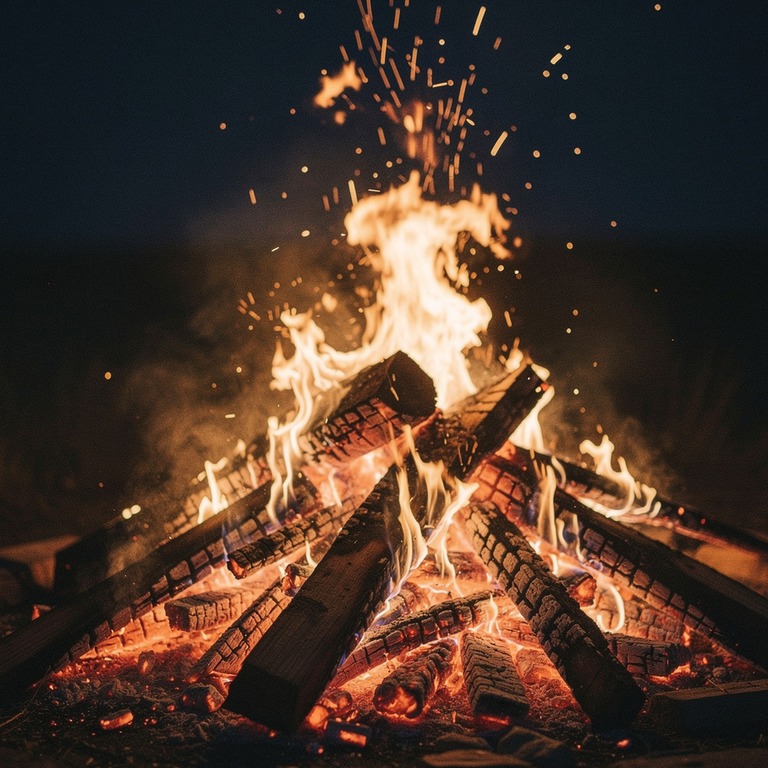 Large bonfire burning at night, orange embers rising into da... | ShopAyahuascaRetreats