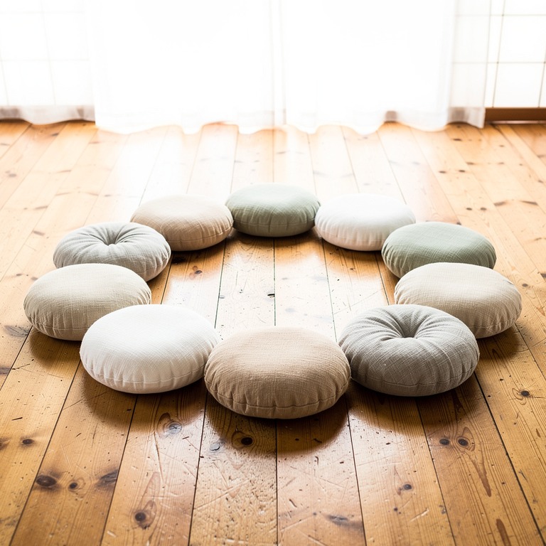Meditation cushions arranged in a circle on a wooden floor | ShopAyahuascaRetreats