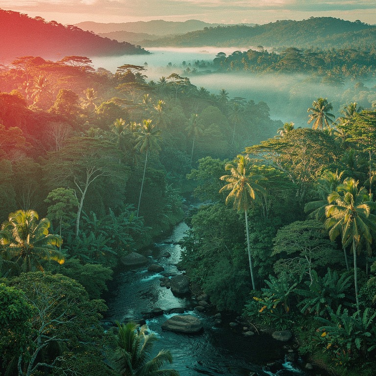 Mist hanging low over a tropical valley at sunrise | ShopAyahuascaRetreats