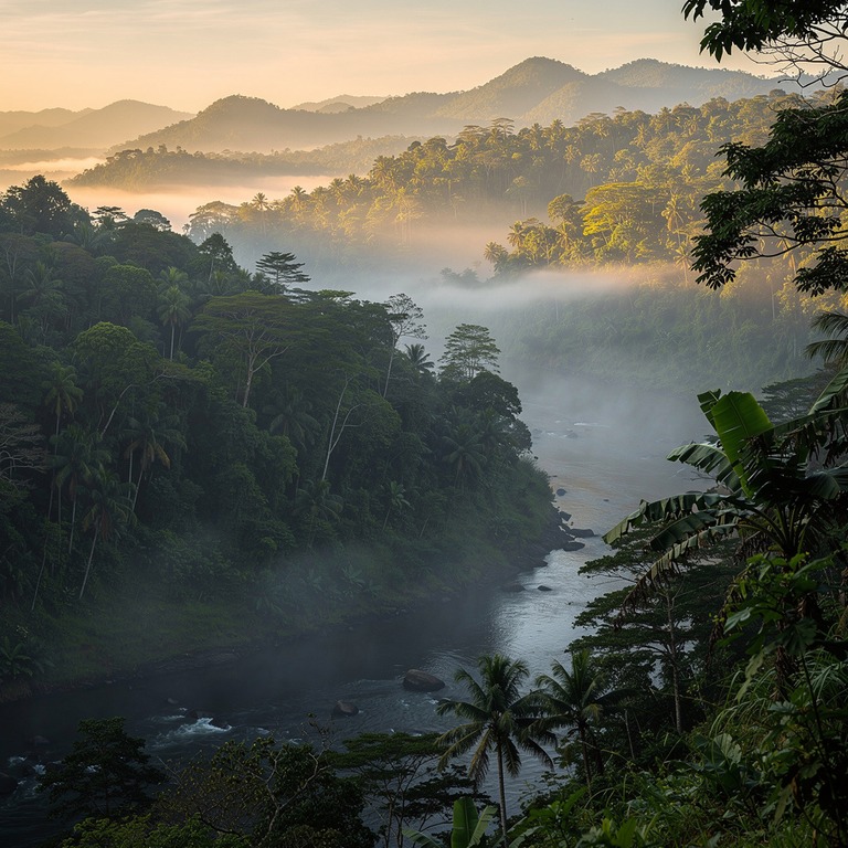 Mist hanging low over a tropical valley at sunrise | ShopAyahuascaRetreats