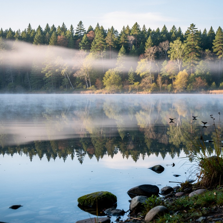Mist rising from a calm lake, forest reflected in still wate... | ShopAyahuascaRetreats