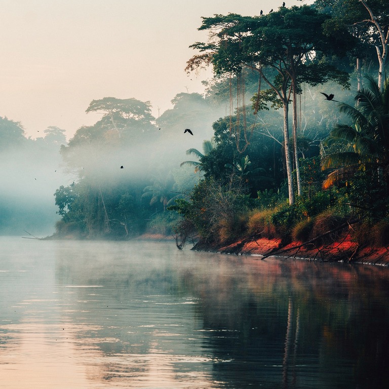 Misty Amazonian river snaking between dense forested banks a... | ShopAyahuascaRetreats
