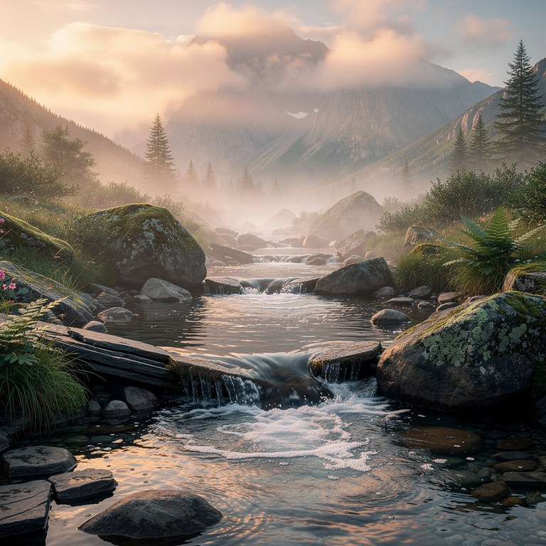 Misty mountain stream cascading over flat stones | ShopAyahuascaRetreats