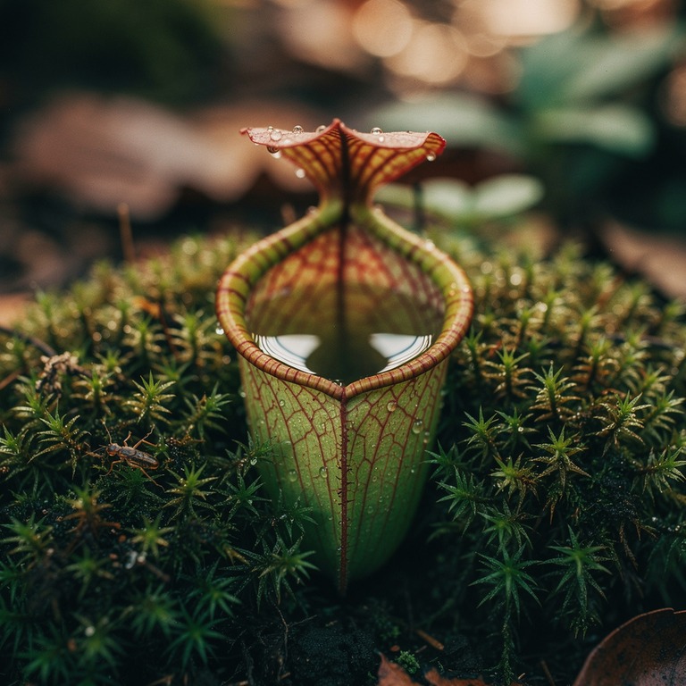 Pitcher plant nestled in moss, water collected inside the cu... | ShopAyahuascaRetreats