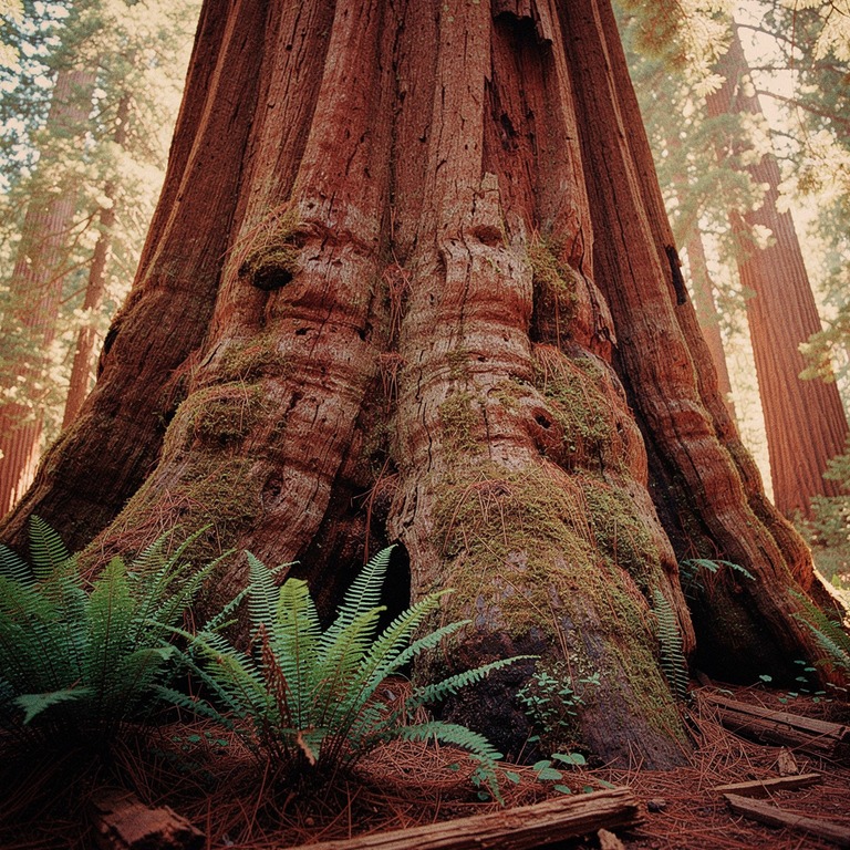 Sequoia trunk filling the frame, massive scale, ferns at bas... | ShopAyahuascaRetreats