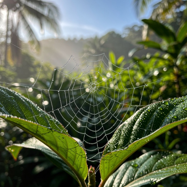 Spider's web stretched between two leaves with morning dew | ShopAyahuascaRetreats