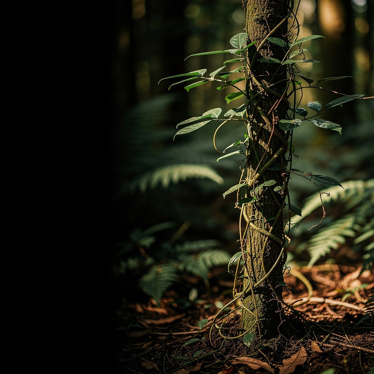 Tangle of climbing vines wrapping a young sapling, forest un... | ShopAyahuascaRetreats