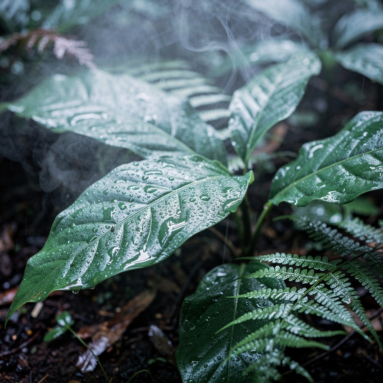 Wisps of steam rising from wet rainforest leaves after a dow... | ShopAyahuascaRetreats