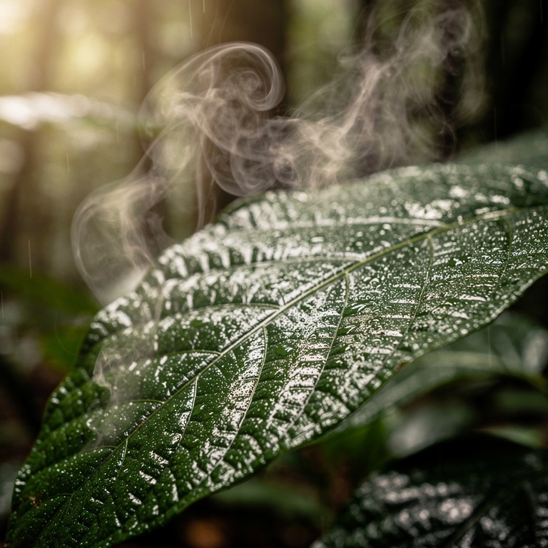 Wisps of steam rising from wet rainforest leaves after a dow... | ShopAyahuascaRetreats