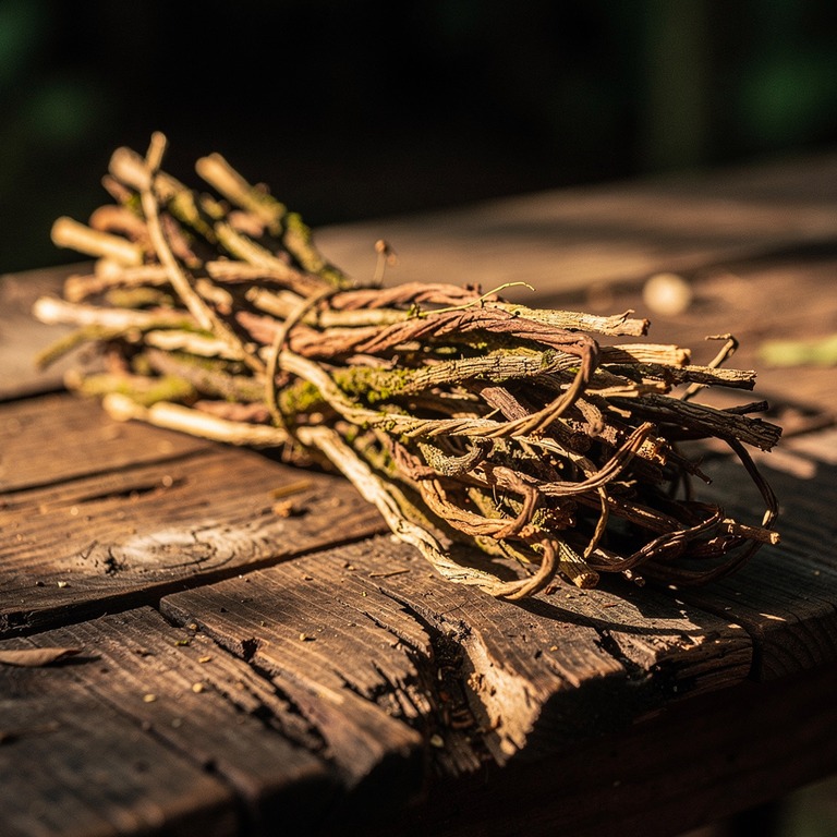 A bundle of dried ayahuasca vines lying on a worn wooden tab... | ShopAyahuascaRetreats