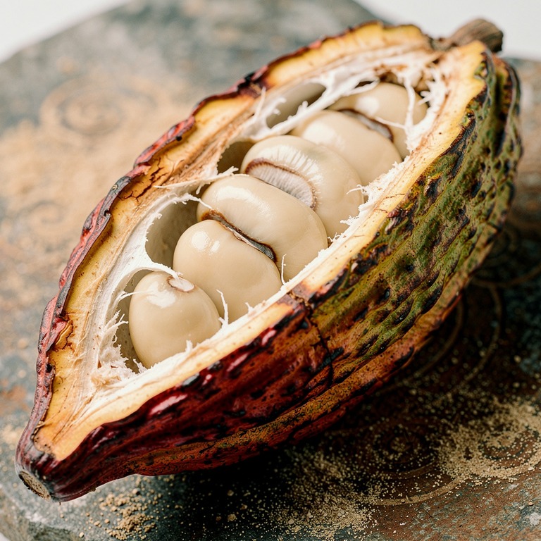 A close-up of a cacao pod, split open to reveal its vibrant ... | ShopAyahuascaRetreats