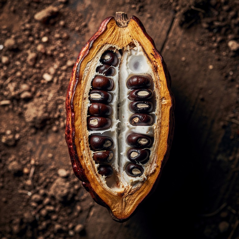 A detailed, macro photograph of a cacao pod, split open to r... | ShopAyahuascaRetreats