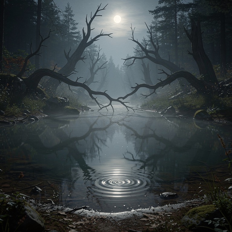 A dimly lit, eerie forest pool reflects the twisted, gnarled... | ShopAyahuascaRetreats