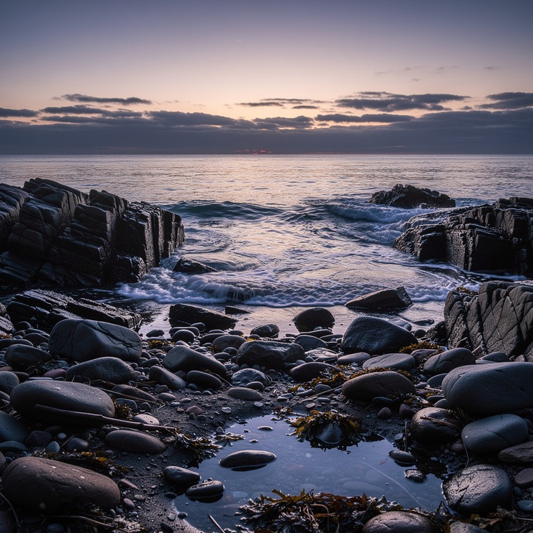 A dramatic seascape at twilight, with a rocky shoreline and ... | ShopAyahuascaRetreats