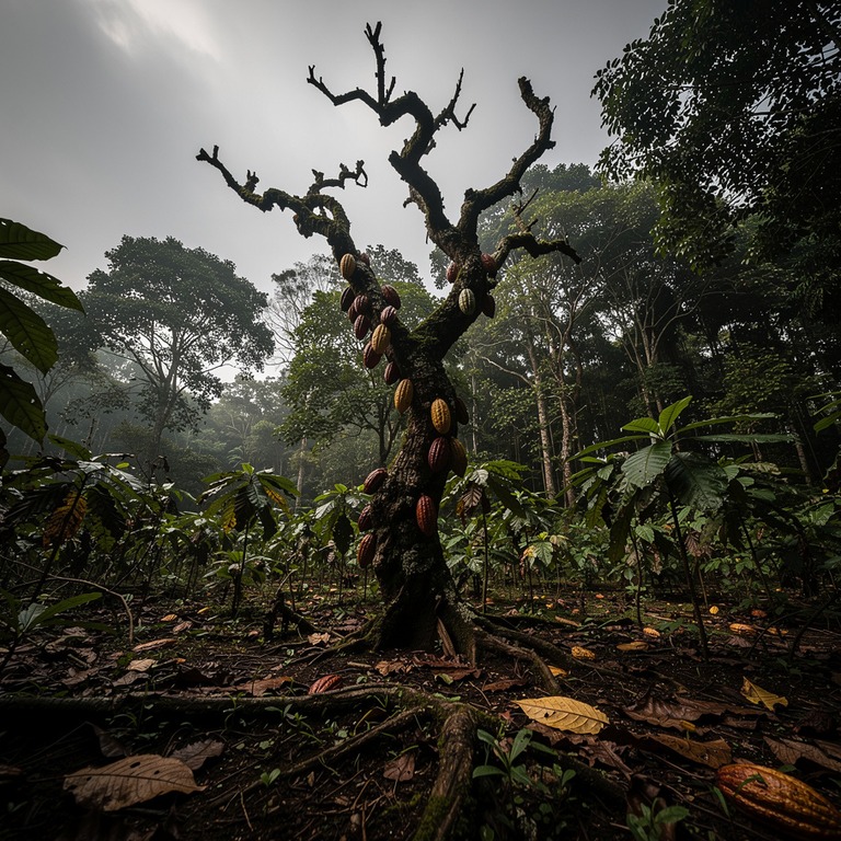 A lone, twisted cacao tree stands in a clearing, its branche... | ShopAyahuascaRetreats