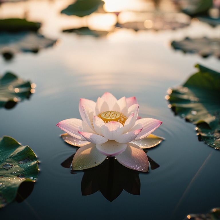 A lotus flower blooming in a serene pond at sunrise, with so... | ShopAyahuascaRetreats