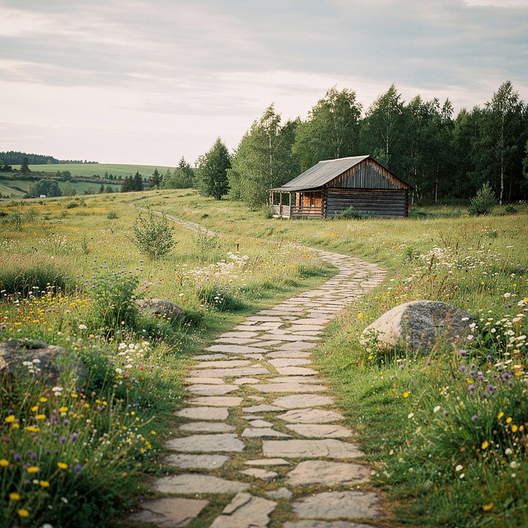 A meandering stone path winding through a peaceful meadow, l... | ShopAyahuascaRetreats