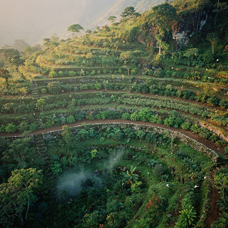 A panoramic view of a terraced hillsides with rows of geneti... | ShopAyahuascaRetreats