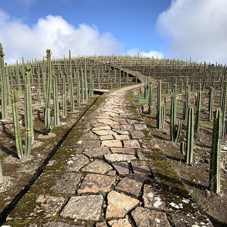 A rugged, weathered stone path winds its way up a terraced h... | ShopAyahuascaRetreats