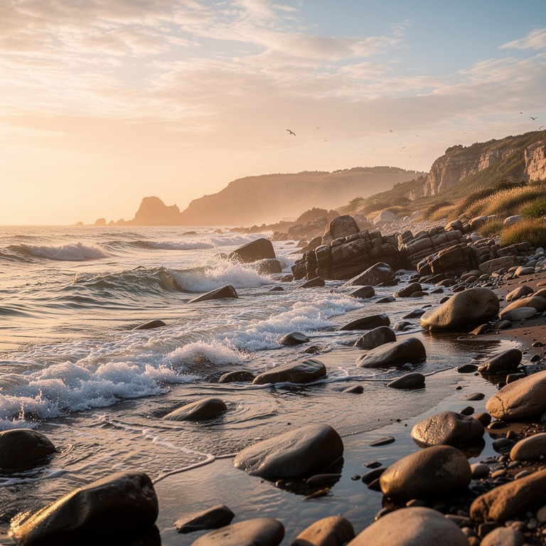 A scenic, rocky shoreline at sunset, with waves gently crash... | ShopAyahuascaRetreats