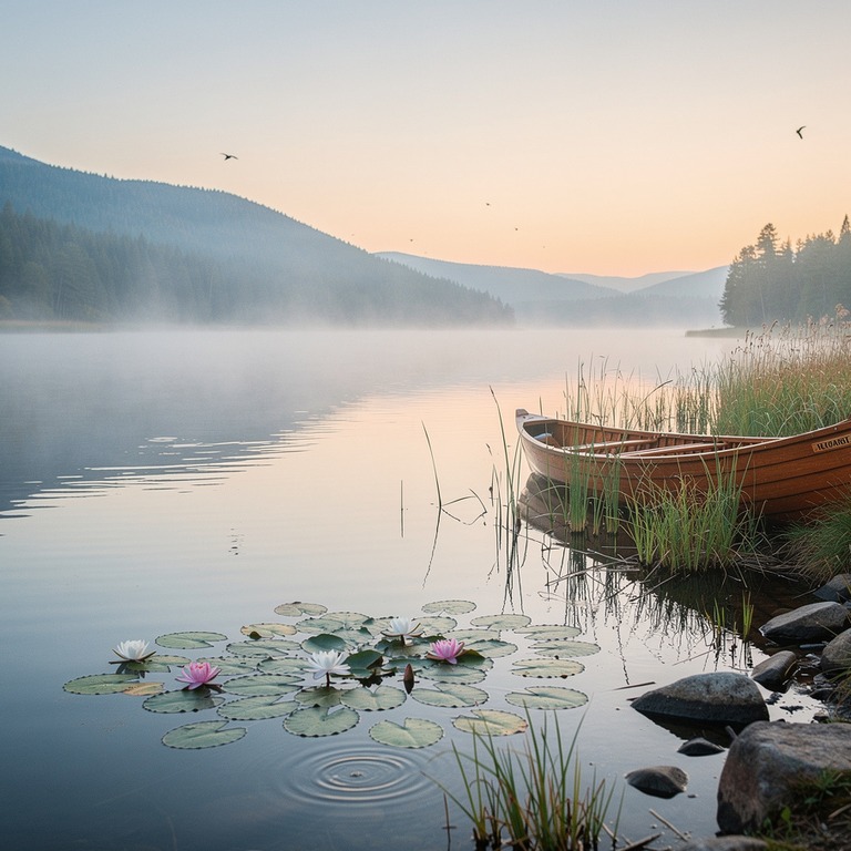 A serene lake at dawn, with a few water lilies floating on i... | ShopAyahuascaRetreats