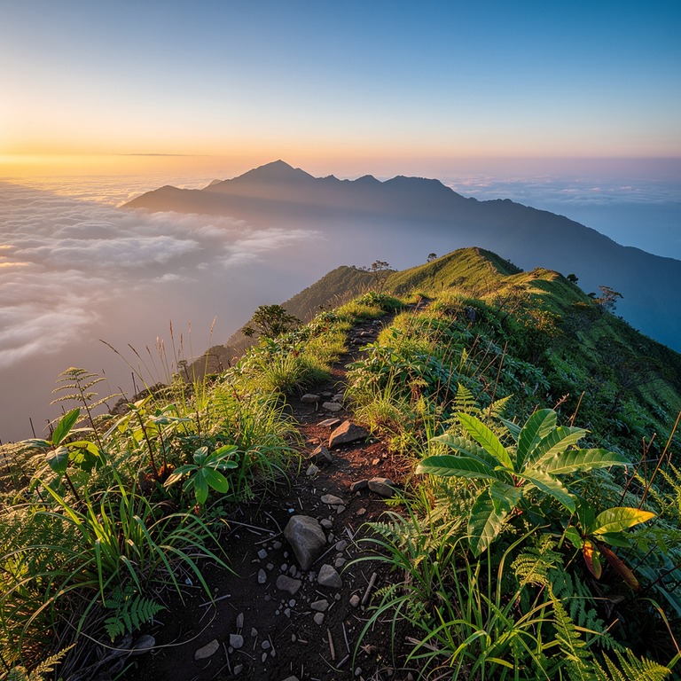 A serene mountain ridge at sunrise, with misty valleys below... | ShopAyahuascaRetreats