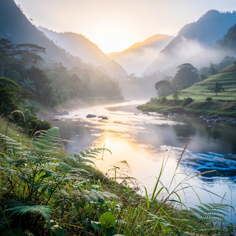A serene mountain valley at dawn, with misty fog lifting off... | ShopAyahuascaRetreats