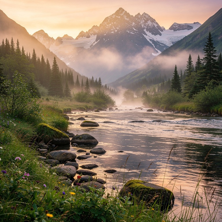 A serene mountain valley at dawn, with misty fog rolling in ... | ShopAyahuascaRetreats
