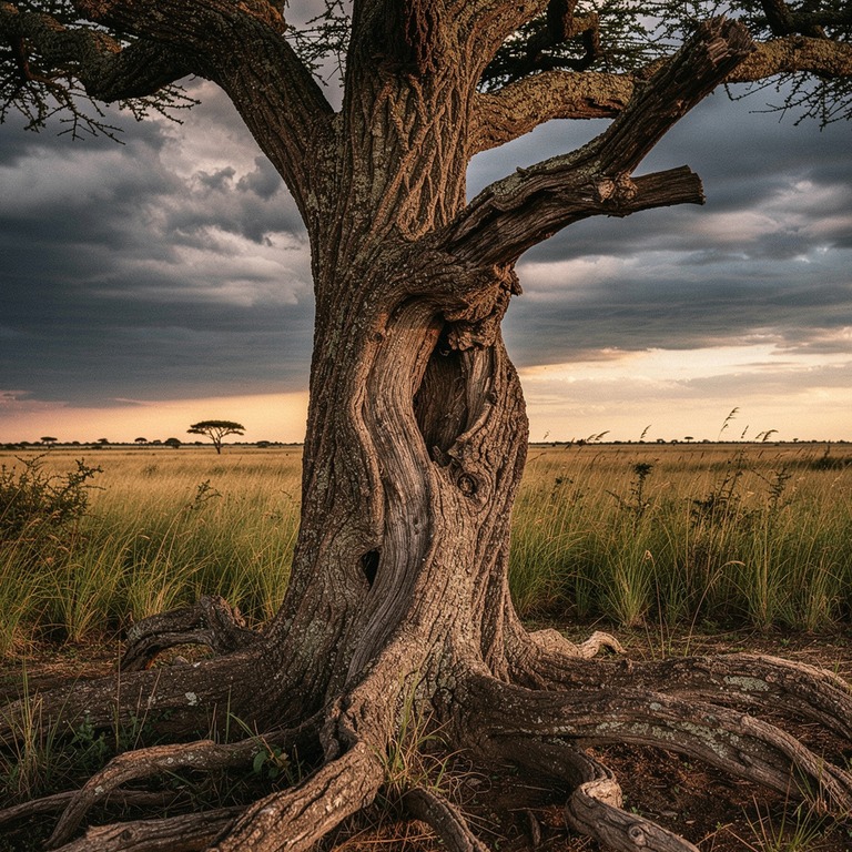A solitary, ancient tree with gnarled branches and roots, st... | ShopAyahuascaRetreats
