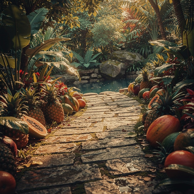 A stone pathway lined with lush greenery and vibrant, tropic... | ShopAyahuascaRetreats