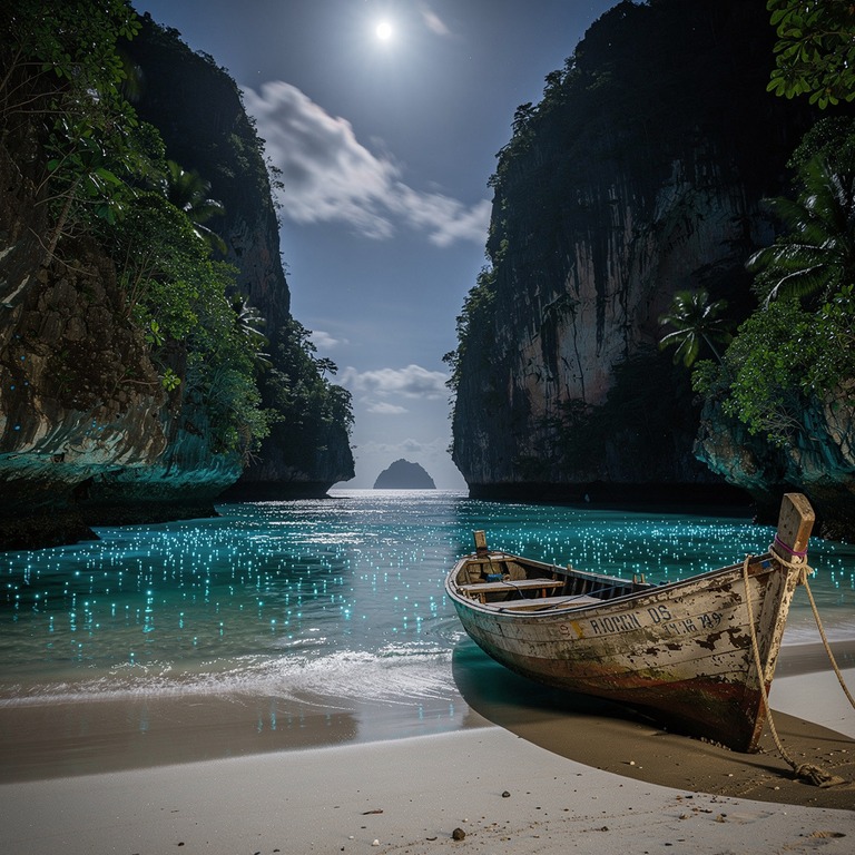 A tranquil, moonlit cove with a small, wooden boat pulled up... | ShopAyahuascaRetreats