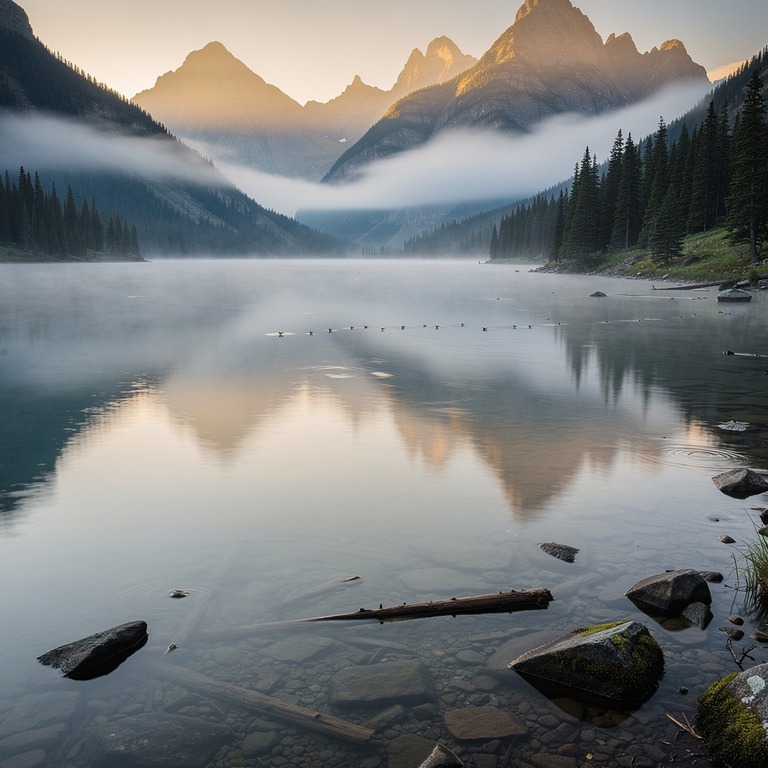 A tranquil mountain lake at dawn, reflecting a perfectly cal... | ShopAyahuascaRetreats