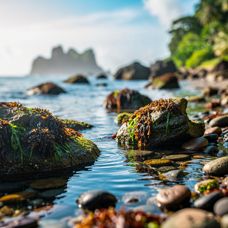 A tranquil sea cove at low tide, with smooth stones and seaw... | ShopAyahuascaRetreats