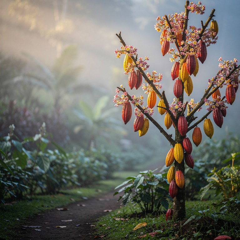 A vibrant, blooming cacao tree, with colorful flowers and ri... | ShopAyahuascaRetreats