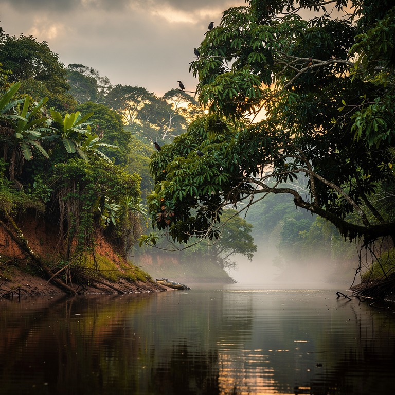 Amazon riverbank with overhanging branches and reflective da... | ShopAyahuascaRetreats