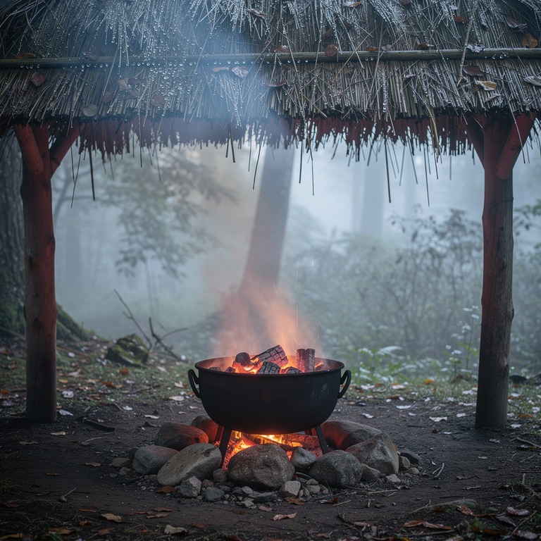 Cast-iron brazier with glowing coals under a thatched roof | ShopAyahuascaRetreats