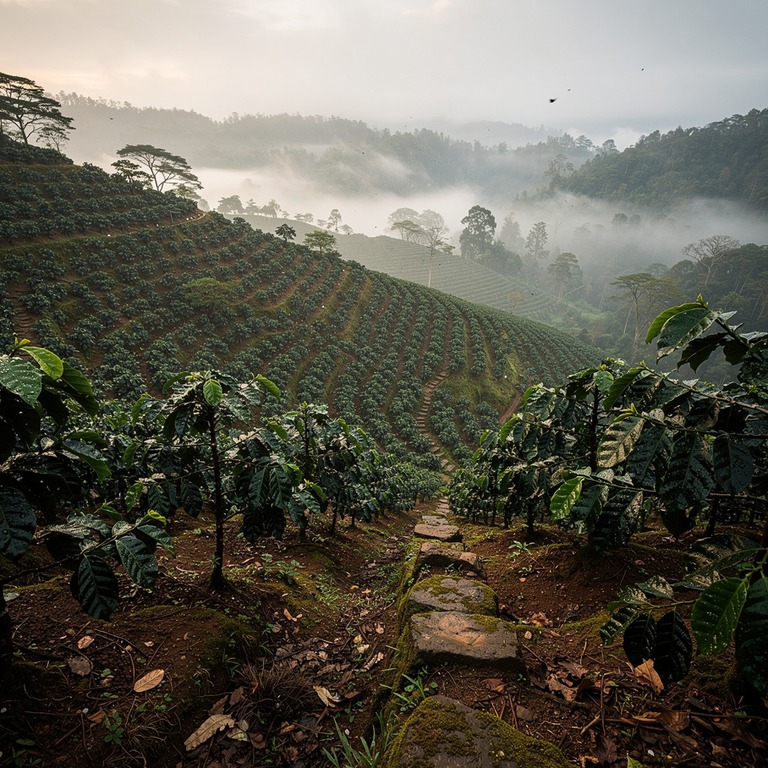 Coffee plantation hillside at dawn, mist between rows of pla... | ShopAyahuascaRetreats