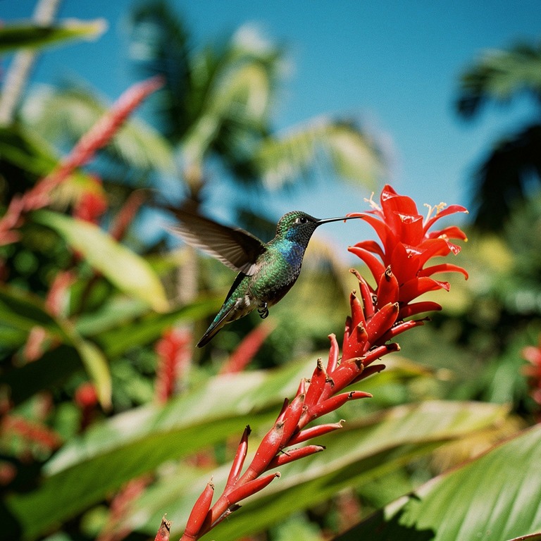 Hummingbird suspended beside a red ginger flower, wings blur... | ShopAyahuascaRetreats
