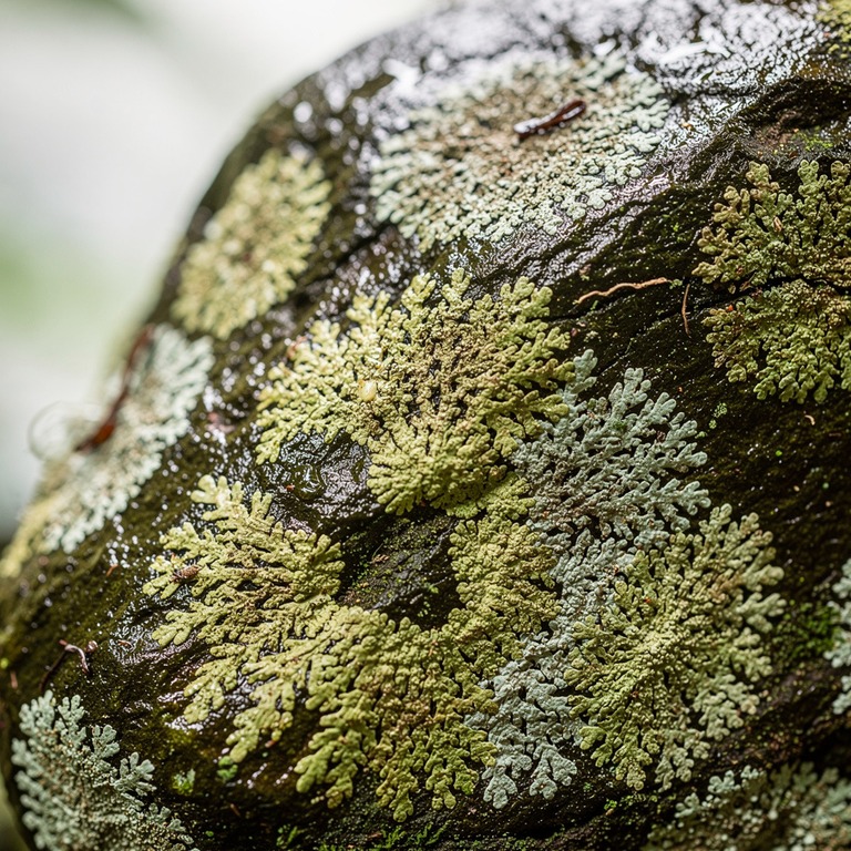 Lichen pattern on a wet rainforest boulder, abstract texture | ShopAyahuascaRetreats