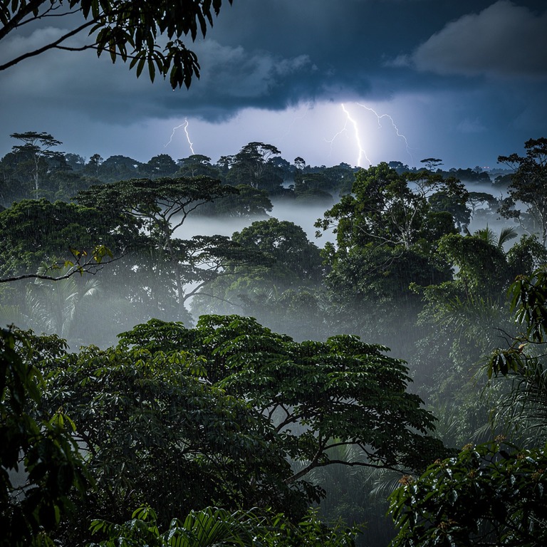 Lightning illuminating a stormy night sky above a jungle can... | ShopAyahuascaRetreats