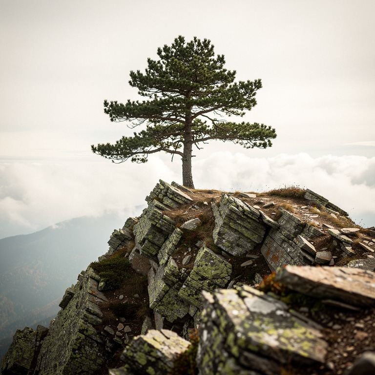 Lone pine tree silhouetted on a rocky mountain crest | ShopAyahuascaRetreats