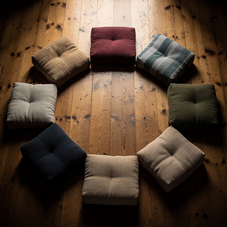 Meditation cushions arranged in a circle on a wooden floor | ShopAyahuascaRetreats