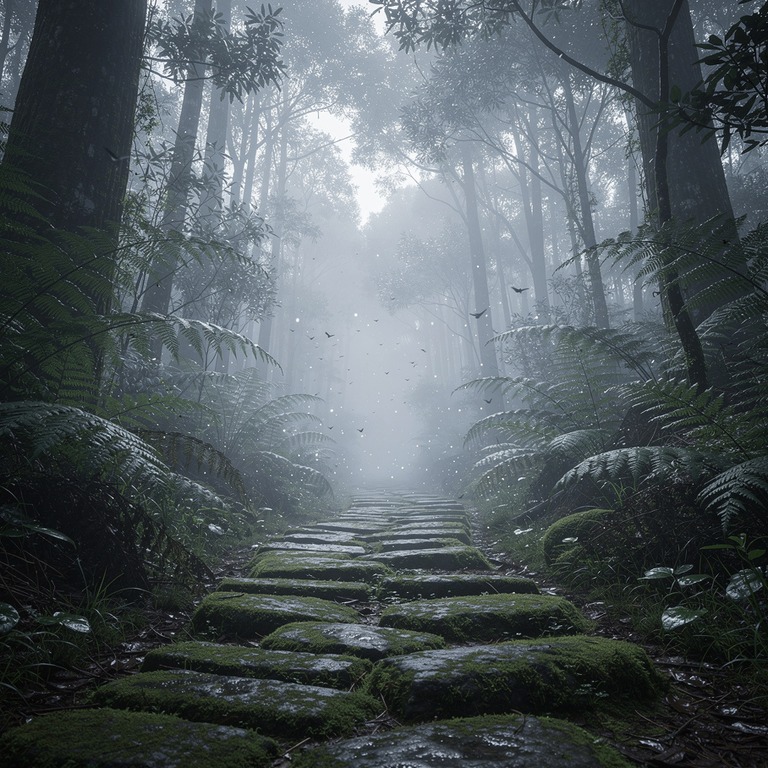 Mossy stone path winding through a fern-filled forest | ShopAyahuascaRetreats